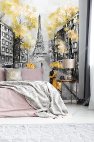 Wizualizacja czarnobiałej fototapety z dodatkiem żółtego z widokiem na parę pod parasolem, na ulicach Paryża, na tle wieży Eiffela, Francja. Fototapeta do pokoju dziennego, sypialni, salonu, przedpokoju i jadalni.