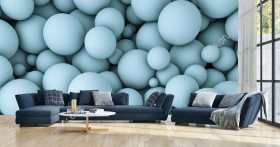 Wizualizacja fototapety przedstawia kule niebieskie 3D o różnej wielkości rozproszone w różnych kierunkach. Fototapeta do pokoju dziennego, młodzieżowego, sypialni, salonu, biura, gabinetu, przedpokoju i jadalni.