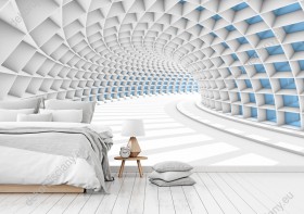 Wizualizacja fototapety z efektem 3D optycznie powiększająca pomieszczenie przedstawia tunel łukowy w kolorze biało-niebieskim. Fototapeta do pokoju dziennego, młodzieżowego, sypialni, salonu, biura, gabinetu, przedpokoju i jadalni.