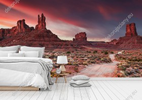 Wizualizacja fototapety z widokiem na góry o czerwonej barwie zwane Doliną Bogów w stanie Utah w Ameryce. Fototapeta do pokoju dziennego, sypialni, salonu, biura, gabinetu, przedpokoju i jadalni.