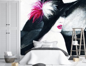 Wizualizacja fototapety do pokoju młodzieżowego, salonu, sypialni, pokoju dziennego, gabinetu, biura, przedpokoju. Piękna kobieta w kapeluszu, w kolorach czarno-biało-różowym.