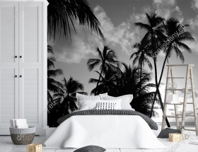Wizualizacja czarnobiałej fototapety z widokiem egzotycznych palm na tropikalnej plaży. Fototapeta do pokoju dziennego, sypialni, salonu, biura, gabinetu, przedpokoju i jadalni.