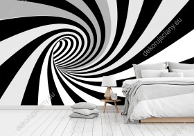 Wizualizacja fototapety z efektem 3D przedstawia tunel tworzący wir w kolorze czarno-białym. Fototapeta do pokoju dziennego, młodzieżowego, sypialni, salonu, biura, gabinetu, przedpokoju i jadalni.