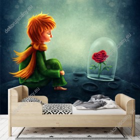 Wizualizacja fototapety do pokoju dziecięcego z bajkowym motywem Małego Księcia, na jego planecie, gdzie hodował czerwoną różę.