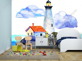 Wizualizacja fototapety do pokoju dziecięcego. Fototapeta z malowaną latarnia morską i domem stojącym na skalistym wybrzeżu, nad oceanem.