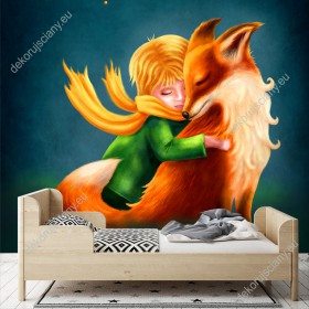 Wizualizacja fototapety z bajkowym motywem Małego Księcia tulącego rudego lisa. Fototapeta do pokoju dziecięcego.
