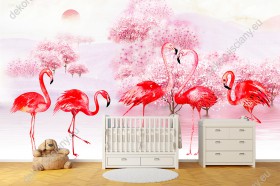 Wizualizacja fototapety w odcieniach różu do pokoju dziennego, dziecięcego, sypialni, salonu, biura. Flamingi brodzące w wodzie ma tle drzew i nieba z lecącymi ptakami.