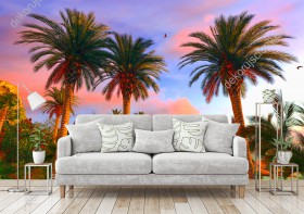 Wizualizacja barwnej fototapety z widokiem palm w hawajskim raju. Fototapeta do pokoju dziennego, salonu, sypialni, biura, przedpokoju.