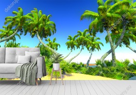 Wizualizacja fototapety z zielonymi, hawajskimi palmami. Rodzaj takiej fototapety świetnie sprawdzi się w salonie, sypialni, przedpokoju, jadalni, biurze oraz pokoju młodzieżowym i dziennym.