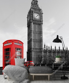 Wizualizacja fototapety z czerwoną budką telefoniczną i londyńskim autobusem, na tle Big Bena w Anglii. Fototapeta do pokoju dziennego, młodzieżowego, sypialni, salonu, biura, gabinetu, przedpokoju i jadalni.