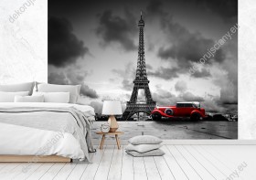 Wizualizacja fototapety z czerwonym samochodem retro na tle Wieży Eiffla w Paryżu. Nowoczesna fototapeta do sypialni, salonu, pokoju młodzieżowego i biura.