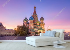 Wizualizacja fototapety z widokiem Cerkwi Wasyla Błogosławionego w Moskwie. Pospolicie zabytkowe budowle zwane są Kremlem moskiewskim i ładnie będą wyglądały na ścianie sypialni, salonu, pokoju dziennego, gabinetu czy biura.