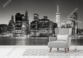 Wizualizacja czarnobiałej fototapety z widokiem na wieżowce Manhattanu w USA. Fototapeta do pokoju dziennego, młodzieżowego, salonu, biura, gabinetu, sypialni, przedpokoju i jadalni.