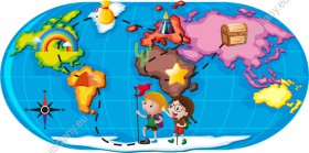 Wzornik fototapety do pokoju dziecięcego przedstawiająca kolorową mapę i dzieci podróżujące przez świat.