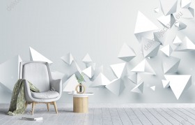 Wizualizacja fototapety przedstawia białe piramidy rozproszone w różnych kierunkach tworząc efekt 3D. Fototapeta do pokoju dziennego, młodzieżowego, sypialni, salonu, biura, gabinetu, przedpokoju i jadalni.