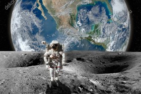 Wzornik fototapety przedstawia astronautę na księżycu z Planetą Ziemią w tle. Fototapeta do pokoju dziennego, młodzieżowego, salonu, biura, gabinetu, sypialni, przedpokoju i jadalni.