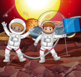 Wzornik fototapety do pokoju dziecięcego z motywem kosmicznym przedstawiająca astronautów wbijających flagę na nowej, obcej planecie.