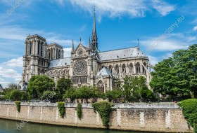Wzornik fototapety z widokiem na gotycką Katedrę Notre Dame w Paryżu, wśród bujnej zieleni. Katedra jest jedną z najbardziej znanych na całym świecie. Fototapeta do salonu, sypialni, pokoju dziennego, gabinetu, biura, przedpokoju.