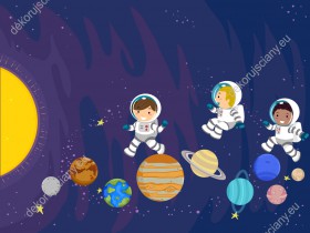Wzornik fototapety do pokoju dziecięcego przedstawiająca astronautów w kosmosie skaczących po kolorowych planetach.
