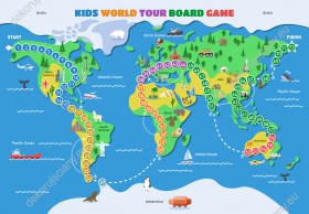 Wzornik fototapety do pokoju dziecięcego z grą planszową prezentującą podróż przez kontynenty i oceany na mapie świata.