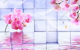 Wzornik fototapety przedstawia gałązki różowych kwiatów orchidei odbijające się lustrze wody, utworzonej przez sześciany dające w całości efekt 3D. Fototapeta do pokoju dziennego, młodzieżowego, sypialni, salonu, biura, gabinetu, przedpokoju i jadalni.