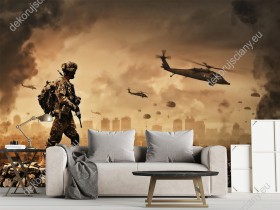 Wizualizacja fototapety o tematyce militarnej, z żołnierzem na polu bitwy. Fototapeta do pokoju dziennego, młodzieżowego, sypialni, salonu, biura, przedpokoju.