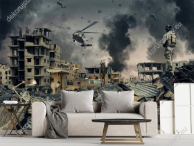 Wizualizacja fototapety o tematyce wojennej. Helikoptery nad zniszczonym wojną miastem. Fototapeta do pokoju młodzieżowego, salonu, sypialni, biura, przedpokoju.