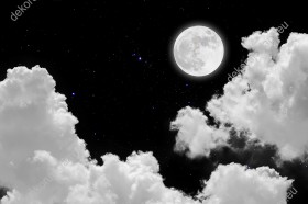 Wzornik fototapety do pokoju dziennego, młodzieżowego, sypialni, salonu, biura. Fototapeta przedstawia jaśniejący księżyc w pełni i chmury, na tle ciemnego, rozgwieżdżonego, nocnego nieba.