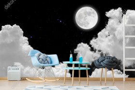 Wizualizacja fototapety do pokoju dziennego, młodzieżowego, sypialni, salonu, biura. Fototapeta przedstawia jaśniejący księżyc w pełni i chmury, na tle ciemnego, rozgwieżdżonego, nocnego nieba.