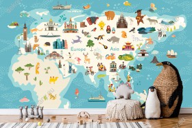 Wizualizacja fototapety do pokoju dziecięcego przedstawiająca mapę Eurazji ze zwierzętami i ważnymi elementami różnych krajów, na błękitnym tle mórz i oceanów.