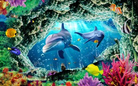 Wzornik fototapety przedstawiająca życie przy rafie koralowej z pływającymi delfinami, kolorowymi rybkami koralowcami. Fototapeta do pokoju dziennego, dziecięcego, młodzieżowego, sypialni, salonu z efektem 3D.