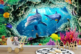 Wizualizacja fototapety przedstawiająca życie przy rafie koralowej z pływającymi delfinami, kolorowymi rybkami i koralowcami. Fototapeta do pokoju dziennego, dziecięcego, młodzieżowego, sypialni, salonu z efektem 3D.