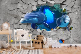 Wizualizacja, wesołe delfiny i kolorowe ryki z rafy koralowej wypływają przez dziurę w rozbitej ścianie, w tle błękitne wody oceanu. Fototapeta do pokoju dziennego, dziecięcego, młodzieżowego, sypialni, salonu, biura. Fototapeta z efektem 3d, wizualnie powiększy przestrzeń.