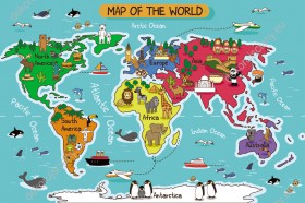 Wzornik fototapety do pokoju dziecięcego przedstawiająca kolorową mapę świata ze zwierzętami i charakterystycznymi elementami różnych krajów.