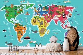 Wizualizacja fototapety do pokoju dziecięcego przedstawiająca kolorową mapę świata ze zwierzętami i charakterystycznymi elementami różnych krajów.