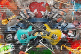 Wzornik fototapety do pokoju dziennego, dziecięcego, młodzieżowego, sypialni, salonu. Fototapeta przedstawia graffiti na murze z gitarami, głośnikami i instrumentami muzycznymi ułożonymi w kolorowy kolaż.