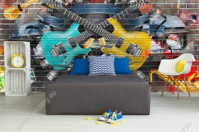 Wizualizacja fototapety do pokoju dziennego, dziecięcego, młodzieżowego, sypialni, salonu. Fototapeta przedstawia graffiti na murze z gitarami, głośnikami i instrumentami muzycznymi ułożonymi w kolorowy kolaż.