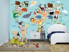 Wizualizacja fototapety do pokoju dziecięcego przedstawiająca mapę świata z kolorowymi zwierzętami ze wszystkich kontynentów.