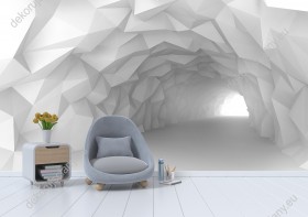 Wizualizacja fototapety przedstawia śnieżnobiały tunel 3D wykuty w lodowej jaskini, który optycznie powiększy każde pomieszczenie. Fototapeta do pokoju dziennego, młodzieżowego, sypialni, salonu, biura, gabinetu, przedpokoju i jadalni.