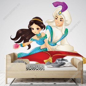 Wizualizacja fototapety do pokoju dziecięcego z bajkowym motywem Aladyna i księżniczki Jasminy, podczas lotu na latającym dywanie.