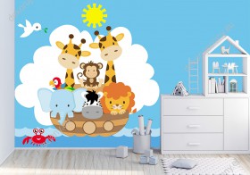 Wizualizacja fototapety do pokoju dziecięcego z dzikimi zwierzętami: lwem, zebrą, słoniem, żyrafami, papugą, małpą i rakiem płynącymi Arką Noego.