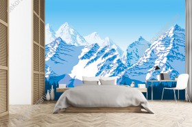 Wizualizacja fototapety z widokiem na krajobraz pięknych zimowych gór pokrytych śniegiem. Obraz do pokoju dziennego, sypialni, salonu, biura, gabinetu, przedpokoju i jadalni.