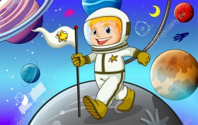 Wzornik fototapety do pokoju dziecięcego z małym astronautą, kroczącym wśród kolorowych planet.