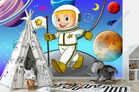Wizualizacja fototapety do pokoju dziecięcego z małym astronautą, kroczącym wśród kolorowych planet.