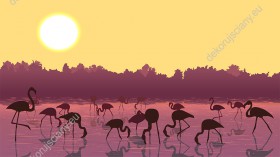 Wzornik fototapety z flamingami stąpającymi po wodzie o zachodzie słońca. Obraz do pokoju dziennego, dziecięcego, młodzieżowego, sypialni, salonu, biura, gabinetu, przedpokoju i jadalni. 
