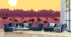 Wizualizacja fototapety z flamingami stąpającymi po wodzie o zachodzie słońca. Obraz do pokoju dziennego, dziecięcego, młodzieżowego, sypialni, salonu, biura, gabinetu, przedpokoju i jadalni. 