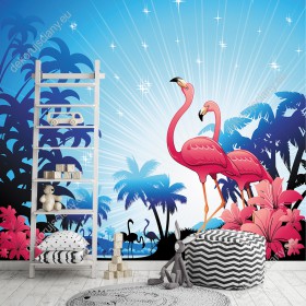 Wizualizacja fototapety do pokoju dziecięcego z różowymi flamingami w na tropikalnej wyspie wśród egzotycznych roślin.