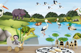 Wizualizacja fototapety do pokoju dziecięcego z dzikimi zwierzętami. Bociany, żółwie, kaczki, hipopotam i wydra kąpią się w stawie.