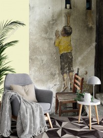 Wizualizacja fototapety z kategorii murali, przedstawia chłopca na krześle wspinającego się po małą zdobycz. Fototapeta do pokoju dziennego, dziecięcego, młodzieżowego, sypialni, salonu, biura, gabinetu, przedpokoju i jadalni.