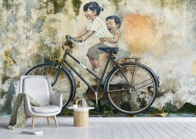 Wizualizacja fototapety z muralem przedstawiającym dzieci siedzące na rowerze. Fototapeta do pokoju dziennego, młodzieżowego, sypialni, salonu, przedpokoju i jadalni.